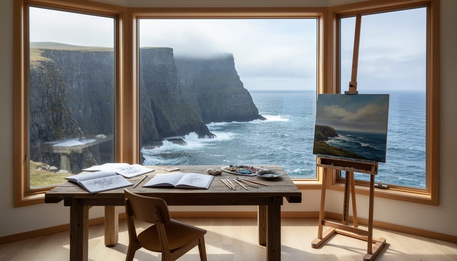 Artist studio interior with a view of rugged coastline and ocean waves on Fogo Island