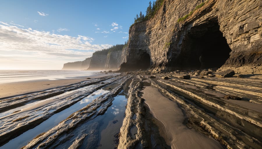 Coastal rock and tide pools at the Bay of Fundy with sea caves and tidal exposure