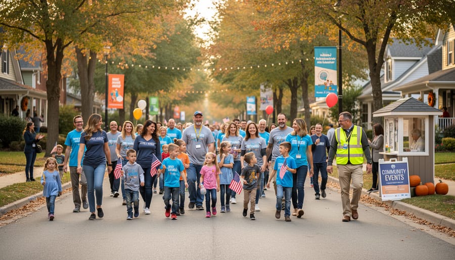 Families and kindergarten children walking together toward a community seasonal festival