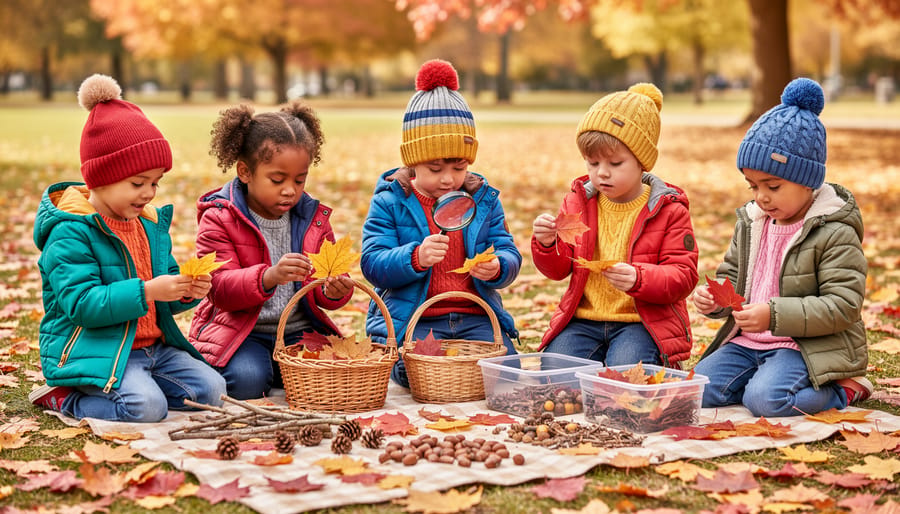 Kindergarten children collecting fall leaves and acorns outdoors near a school