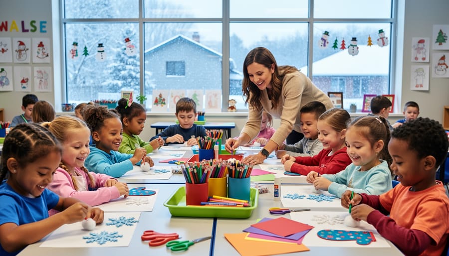 Kindergarten children seated in a winter-decorated classroom crafting paper lanterns