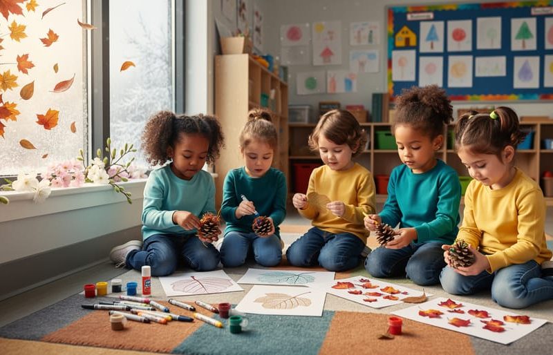 A small group of kindergarten children gathered with seasonal craft materials near a classroom window showing changing seasons.