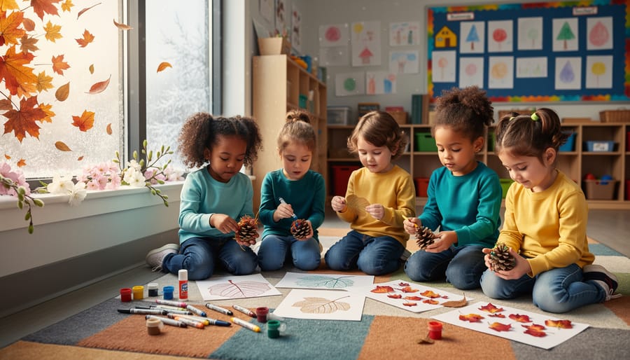 A small group of kindergarten children gathered with seasonal craft materials near a classroom window showing changing seasons.