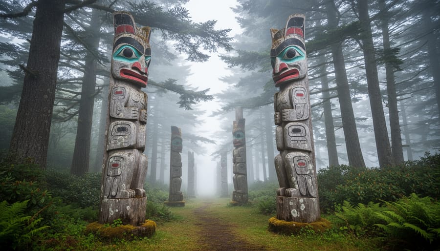 Misty coastal forest with weathered Haida totem poles on Haida Gwaii, British Columbia