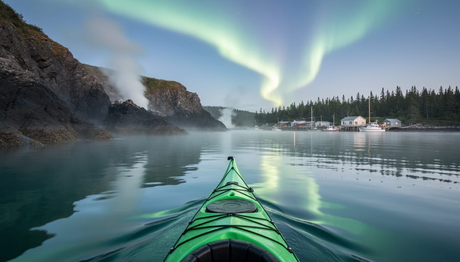 Kayak on calm coastal water near dark cliff geothermal pools, with misty treeline and faint northern lights in the evening sky.