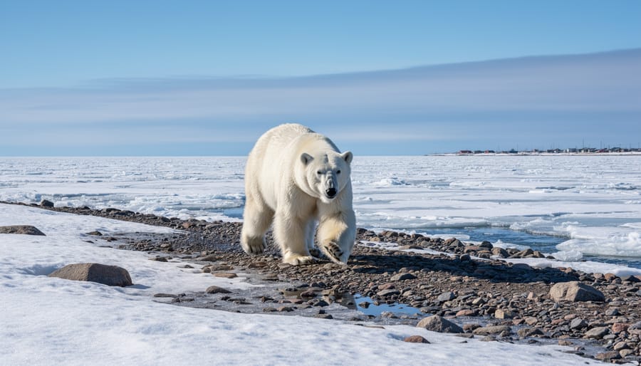 Polar bear walking near snow and sea ice in the Churchill area