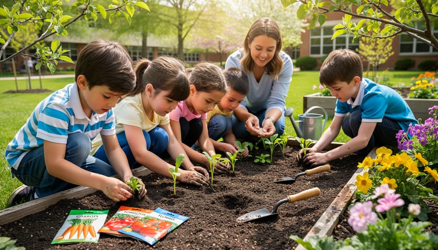 Teacher and kindergarten child planting a seedling in a raised garden bed in spring