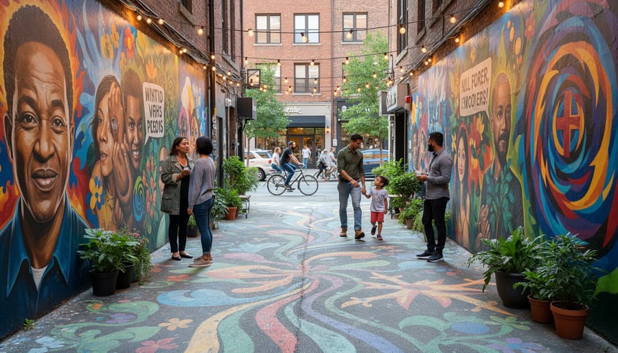 Low-angle view down an alley with layered street art and a small sculptural installation