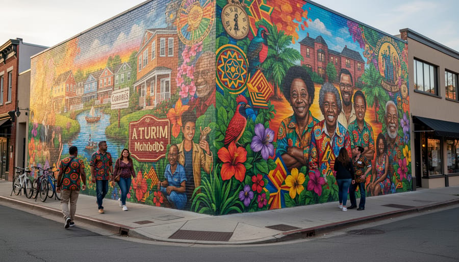 Vibrant mural painted on a city wall next to a public square with pedestrians walking by