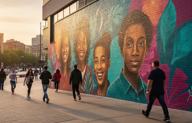 A vibrant community mural painted on a city wall next to a public square with pedestrians walking by in warm golden sunlight.