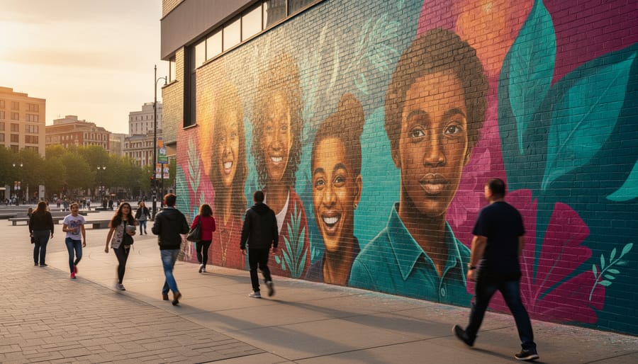 A vibrant community mural painted on a city wall next to a public square with pedestrians walking by in warm golden sunlight.