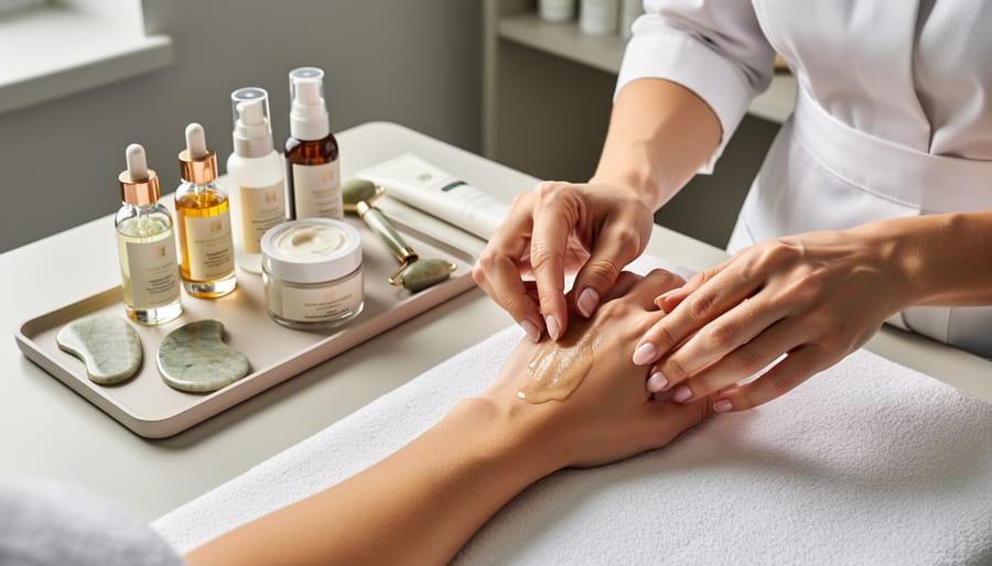 A beauty stylist applies skincare serum to a client at a curated beauty bar counter.