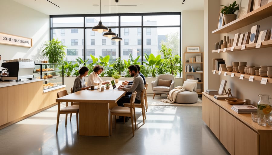 A traveler sits in a hybrid café-fashion-beauty space with a drink and styling items nearby.