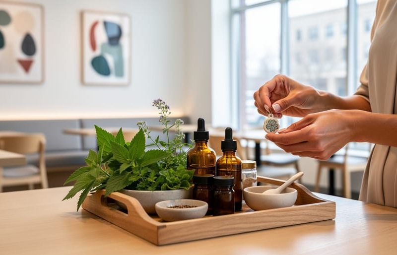 Hands arranging a ceramic charm and botanical skincare ingredients on a curated tray inside a Canadian gallery-café setting.