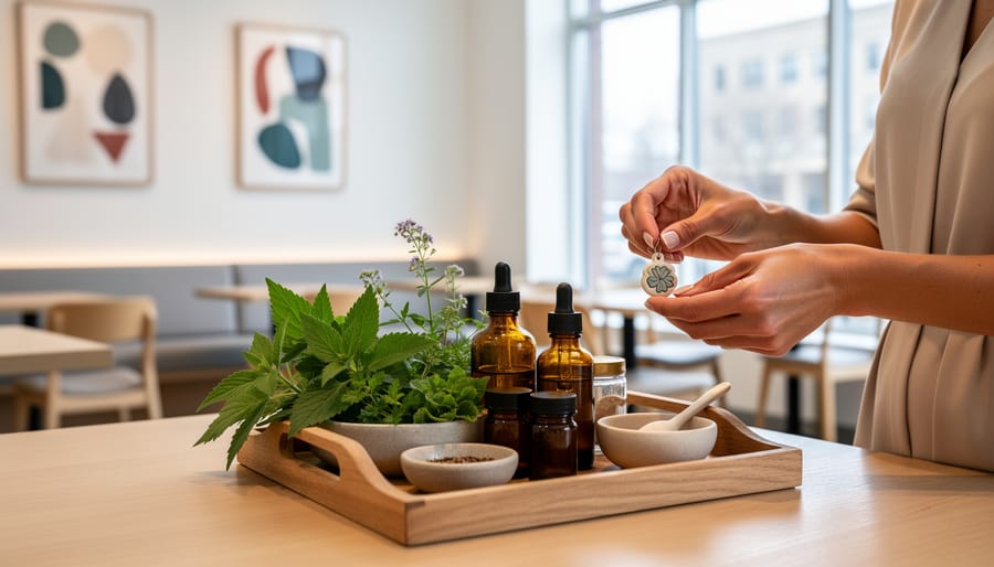 Hands arranging a ceramic charm and botanical skincare ingredients on a curated tray inside a Canadian gallery-café setting.