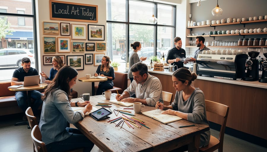 A cozy café with an art display where a barista and an artist interact near an easel