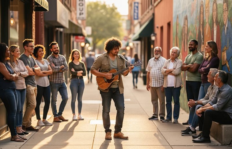 A street musician performing while neighbors gather in a semicircle to listen on a sunlit city sidewalk.