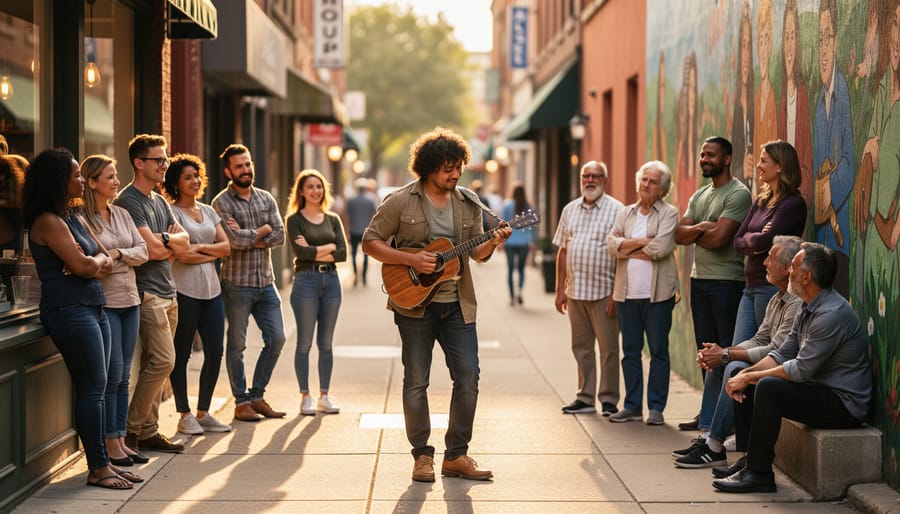 A street musician performing while neighbors gather in a semicircle to listen on a sunlit city sidewalk.