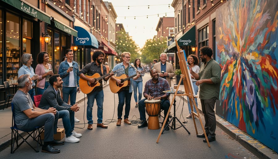 A street musician playing to a small group of neighbors gathered in a semicircle